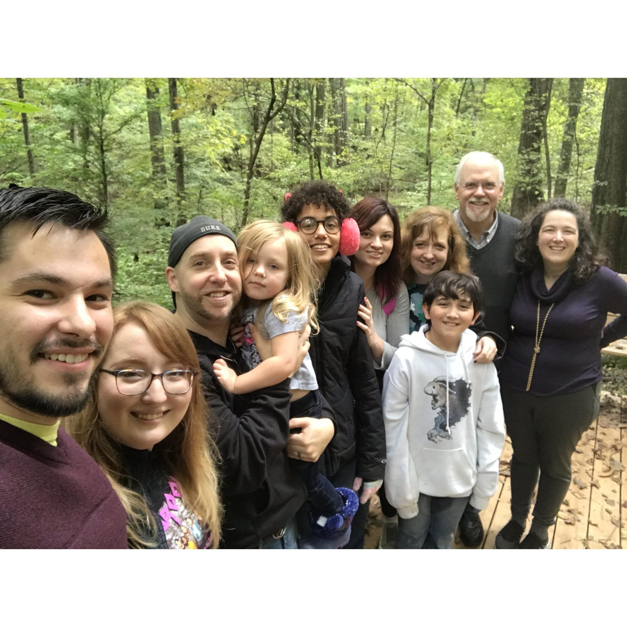 Exploring the Guilford College woods with the Greene family: Uncle Ted, Mia, Jamie, Aunt Jenny, Lisa, Ian, John, and Lynette!