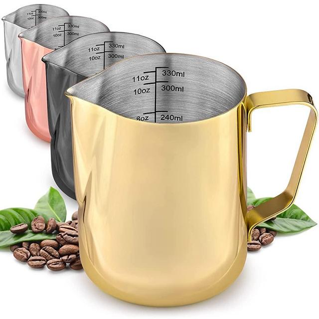 Frothing Pitcher – Best Milk Frother Steamer Cup - Easy to Read Creamer Measurements Inside - Foam Making for Coffee Chai Cappuccino Latte & Hot Chocolate – Stainless Steel 12oz/350ml (Gold)