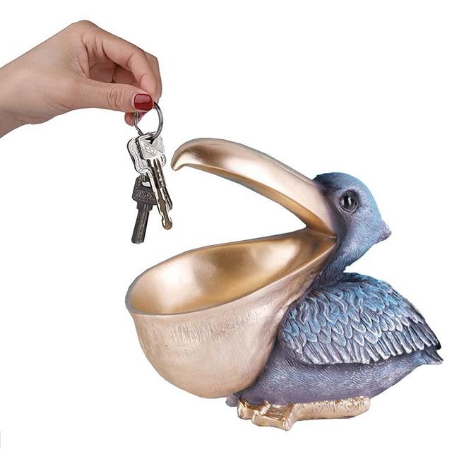 SanQing Creative Resin Statues The Pelican Statue Birds Toucan Figurines Entrance Cell Phone Keys Bowl Storage Basket Decor Ornament for Table Home bar Office (BlueSilver)