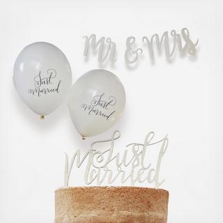 Wooden Mr. and Mrs. Bunting, Just Married Cake Topper, & Balloon Set