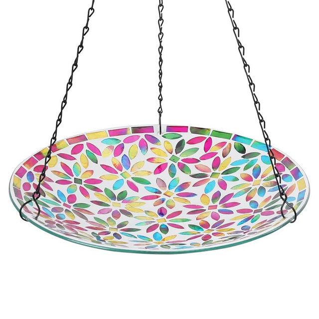 VCUTEKA Hanging Bird Bath, Glass Mosaic Bird Baths for Outdoors Birdfeeder with 21 inch Rust-Proof Chain for Garden Yard Decor