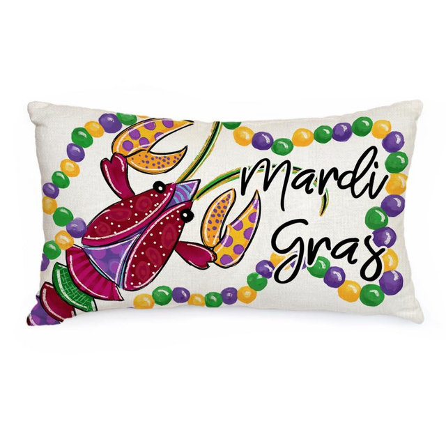AACORS Mardi Gras Lumbar Pillow Cover 12X20 Mardi Gras Lobster Fleur De Lis Beads Decor Farmhouse Decorative White Cushion Case Home Decorations for Sofa Couch AA095-12