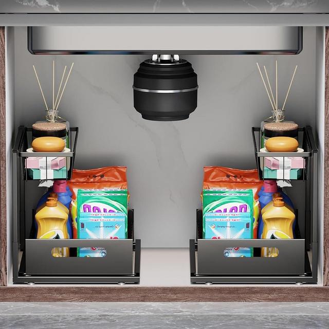 Ceetug Under Sink Organizers and Storage 2 Tier Slide Out Kitchen Cabinet Organizer Sturdy Metal Bathroom Storage, 2 Pack Black