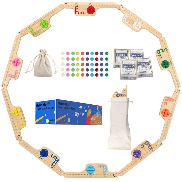 Grhonior 10 Players Marbles and Jokers Board Game Pegs and Jokers Card Wood Game Board Portable Multiplayer Boards Include 10 Colored Marbles 4 Boxes of Card