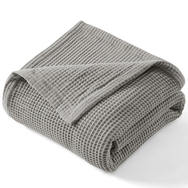 PHF Reversible Waffle & Muslin Blanket 100% Cotton 400GSM King Size 104" x 90", Breathable Lightweight and Soft, Luxury Aesthetic Waffle Gauze Blanket for Home Decor, Ideal Gift, Frosted Grey
