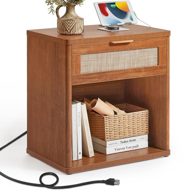 LEYAOYAO Rattan Nightstand with Charging Station, Tea Brown Night Stand with Drawer, 23" Wide Boho Bedside Table with Storage Shelf, Bed Side End Tables for Bedroom, Living Room, Hallway