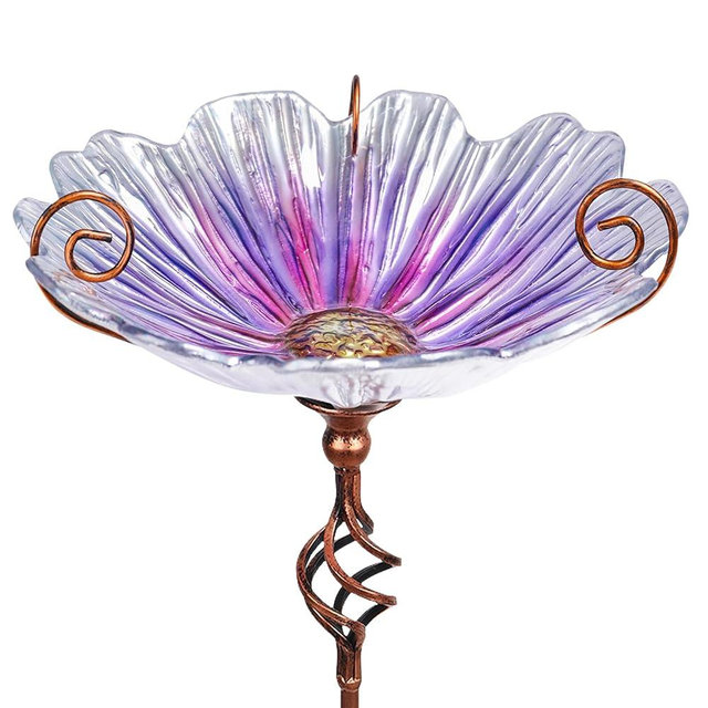 MUMTOP 31 Inch Height Glass Birdbath Birdfeeder with Metal Stake Garden Yard Outdoor Purple