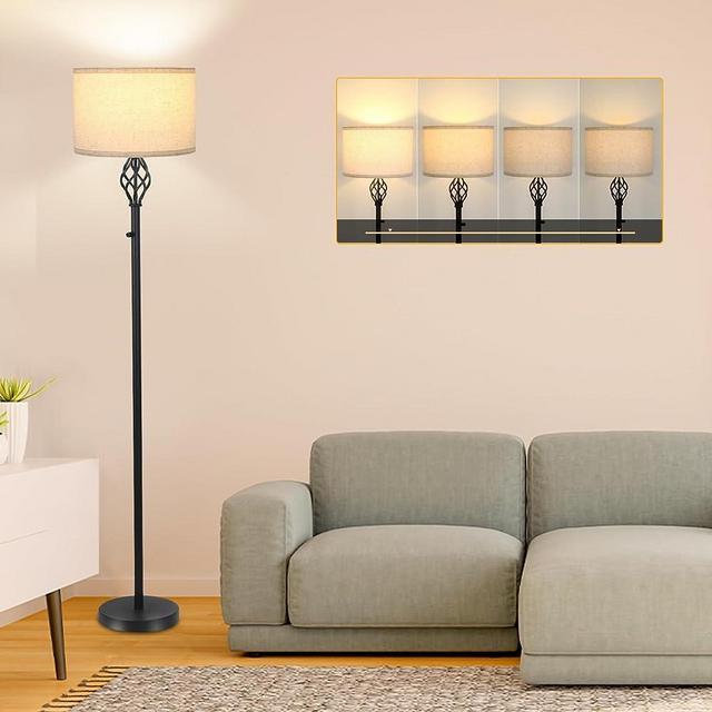 Dimmable Floor Lamp, Industrial Floor Lamp with Rotary Switch, Stepless Dimmable LED Bulb(1000LM, 2700K), 63 IN Tall Arc Lamp for Office, Modern Standing Lamp with Linen Shade for Living Room Bedroom