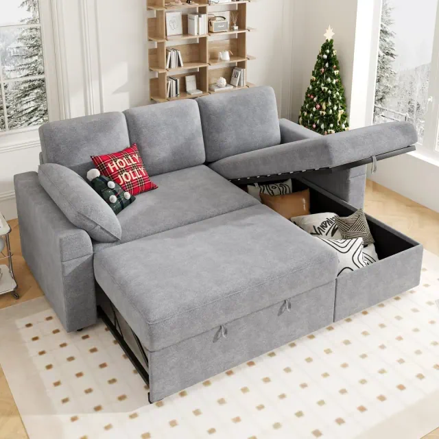AMERLIFE 91" Sectional Sofa Bed with Storage,Reversible Pull Out Sleeper Couch for Living Room,Grey