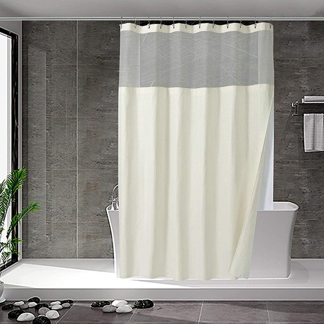 Waffle Weave Shower Curtain with Snap-in Fabric Liner Set, 12 Hooks Included - Hotel Style, Water-Repellent & Washable, Heavyweight Fabric & Mesh Top Window - 71x72, Cream