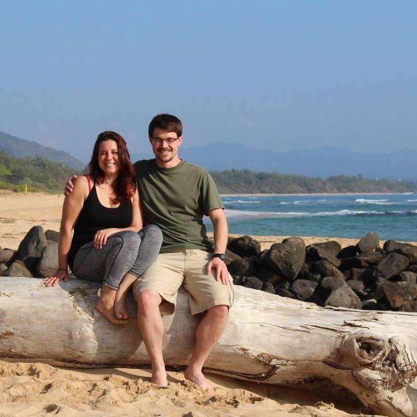 Both of us with eyes closed, in Hawaii.
