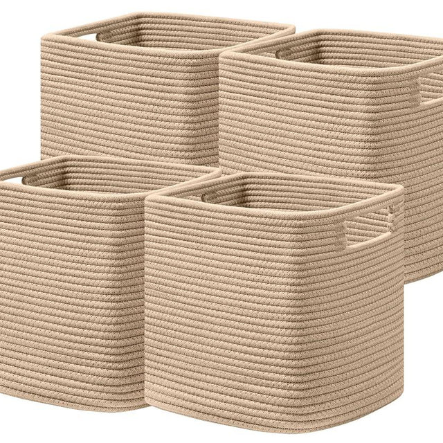 UBBCARE Set of 4 Storage Basket-12 X 12 X 12 in, Cotton Rope Basket for Shelves, Toys, Book, Cube Storage Bins with Handles, Woven Storage Basket for Organizing, Brown