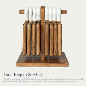 Charcuterie Boards, Set of 8-8"x6" Acacia Wood Mini Serving Boards for Kitchen, Stand Included, White Enamel Handles, Non Plastic, Real Hardwood Serving Trays For Food, Cheese, Meat, Etc