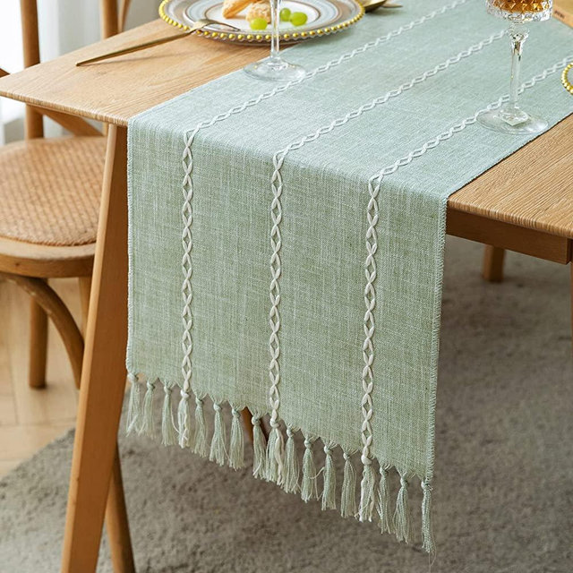 ZeeMart Farmhouse Table Runner, Rustic Table Runners 60 Inches Long, Linen Boho Table Runner, Braided Striped Green Table Runner for Dining Party Holiday, 15x60 Inches, Braided Desert Sage