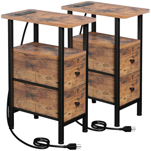 LOAKEKEL Narrow End Tables Living Room Set of 2 with Charging Station, Skinny Side Table with Fabric Drawers, Slim Nightstand for Bedroom, Small Spaces, Couch, Rustic Brown, HETNDP02PBR