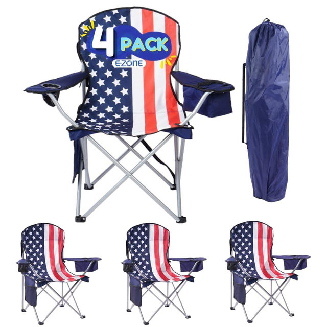 EZONE Set of 4 Camping Chairs with Built-in Ice Cooler, Portable Chair, Storage Pocket, Cup Holder, and Carry Bag Perfect for Camping, Tailgating, Fishing, Beach, and Lawn (4, Flag)