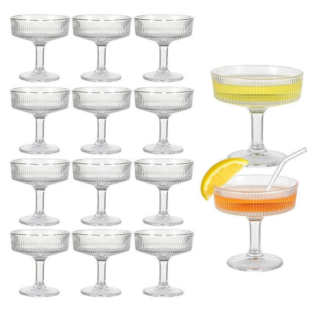 12-Pack Ribbed Coupe Glasses - 7Oz Vintage Martini Glasses Set, Crystal Clear Whiskey/Margarita Cocktail Cups (4.25" Tall) for Home Bar, Wedding, Christmas Gifts - Shatter-Resistant Packaging