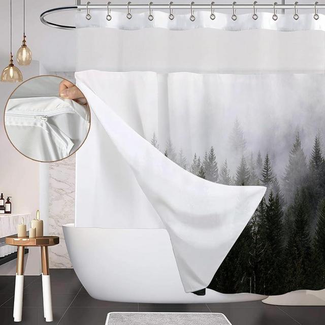 ORTIGIA Dark Green Misty Forest Shower Curtain with Snap in Fabric Liner Set Ombre Curtain with 12 Metal Hooks Luxury Hotel Style with See Through Top Window, Fabric Shower Curtain,72" Wx72 L