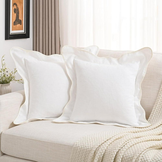 FUTEI Soft Cozy Cream White Chenille Decorative Throw Pillow Covers 18x18 Inch Set of 2,Double Stitch Scalloped Bordered Cushion Case,Modern Home Decor for Couch Bed Living Room