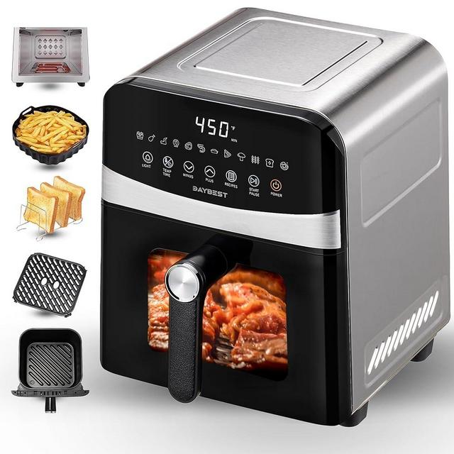Stainless Steel Air Fryer Ceramic Coat Basket Non Toxic Metal Cavity 6 QT Compact for 2-3 PAX, DAYBEST Dual Heats Airfryer 450°F 12 in 1, Dishwasher Safed Pot, Plate, Rack & Liner (Stainless Steel)