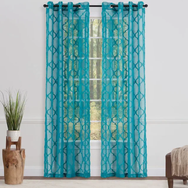 Chanasya 2pk Moroccan Embroidered Grommet Textured Sheer Window Curtain Panels - Set of 2 - 52 x 63 Inches Long - Teal