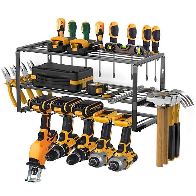 Power Tool Organizer, Garage Organization with 5 Drill Holders, Amoowis Tool Organizers and Storage Wall Mount, Metal Garage Shelf Heavy Duty, Utility Rack for Screwdriver Pegboard Shed Garage Wall