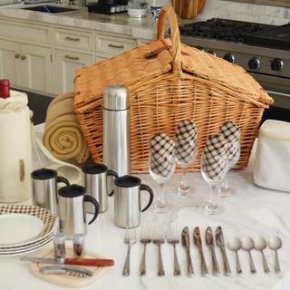 4-Person English Style Willow Picnic Hamper with Blanket & Coffee Set