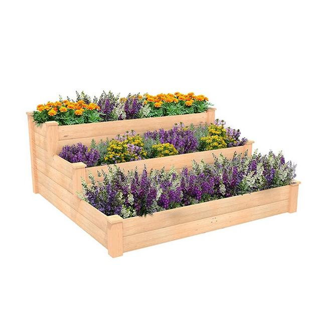 ECOgardener Raised Bed Planter, 4’x4’. Outdoor Wooden Raised Garden Bed Kit for Vegetables, Fruit, Herbs, Flowers and Plants, Tiered Design.