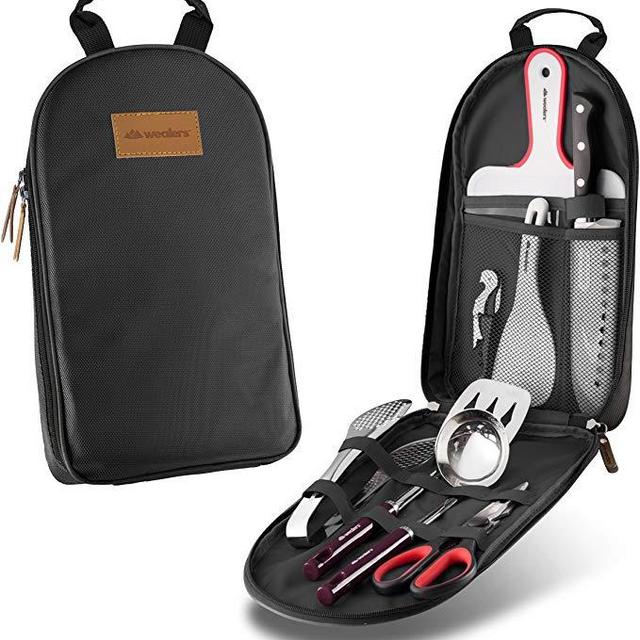 Wealers Camp Kitchen Utensil Organizer Travel Set Portable BBQ Camping Cookware Utensils Travel Kit Water Resistant Case|Cutting Board|Rice Paddle|Tongs|Scissors|Knife and Bottle Opener