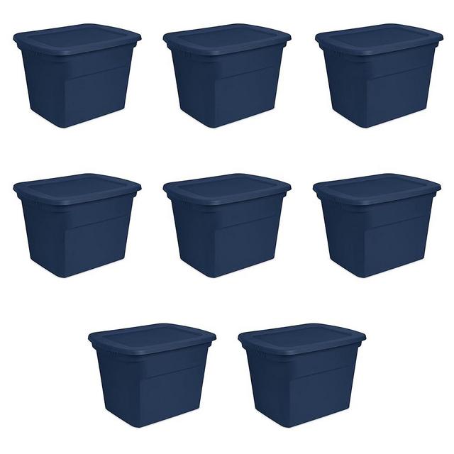 Sterilite 18 Gal Storage Tote, Stackable Bin with Lid, Plastic Container to Organize Clothes in Closet, Basement, Blue Base and Lid, 8-Pack