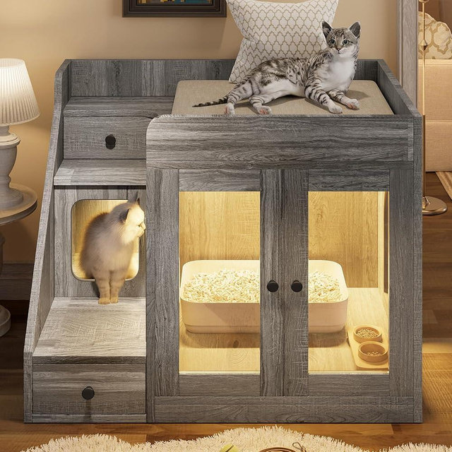 Merax Cat Litter Box Enclosure Furniture with Light,Hideaway Litter Box Furniture with 2 Storage Drawers for Living Room,Gray