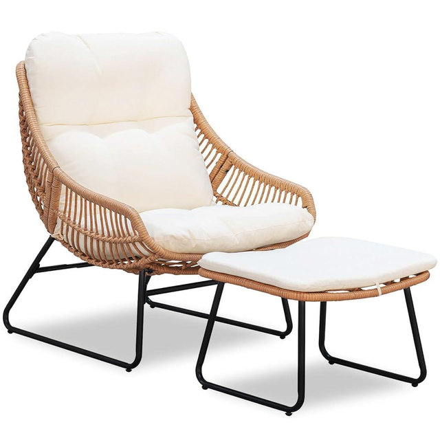 PROHIKER Outdoor Chaise Lounge Chair with Ottoman, Indoor Wicker Papasan Egg Chair, Oversized Rattan Patio Lounge Chairs with Footstool for Bedroom Balcony Garden Porch Backyard, Beige