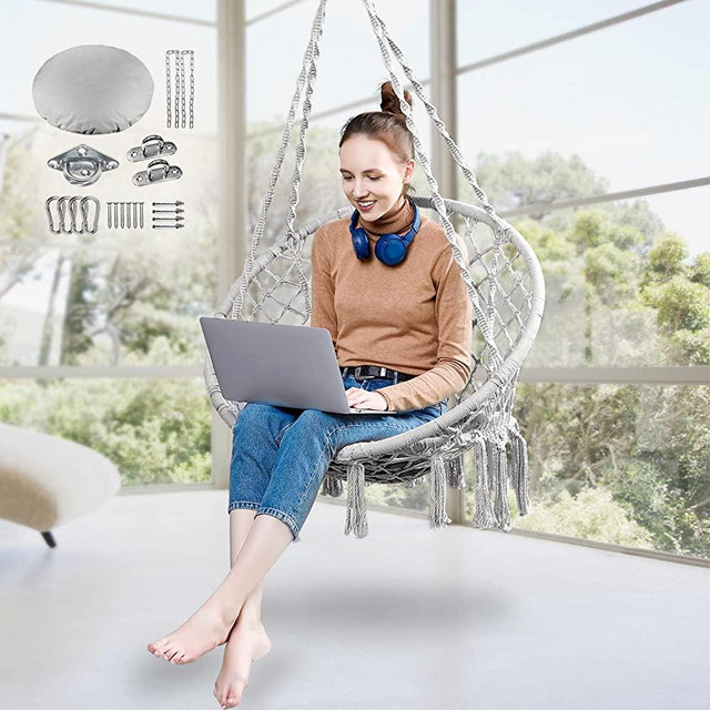 Greenstell Swing Hanging Chair, Hold Up to 330LBS/148KG Hammock Chair with Hanging Kits and Removable & Washable Cushion, Cotton Rope Macrame Swing Chair for Outdoor, Indoor, Grey