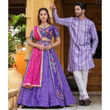 Fun patterns are welcome! Pictured is a women's Lehenga with belt for Dupatta (scarf), and men's Kurta with western dress pants