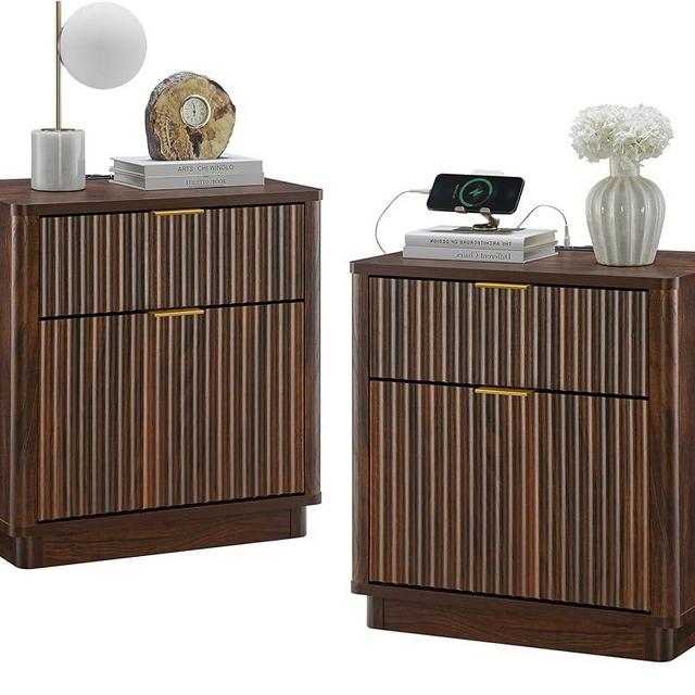 T4TREAM 23'' Fluted Nightstand Set of 2 with Charging Station, Large 2 Drawer Bedside Table, Modern End Table with Storage, Mid Century Night Stand for Bedroom Living Room, Curved Profile, Dark Walnut