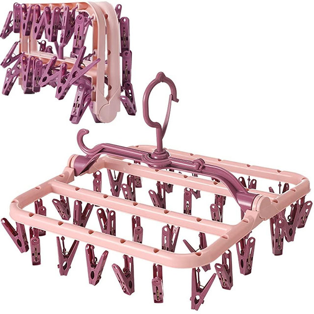 Foshine Clothes Drying Racks Foldable Clip Hangers Drip Hanger Plastic with 32 Drying Clips Wind-Proof Hook Underwear Hanger with Clips Plastic Laundry Clip for Socks Bras Blue (Pink)