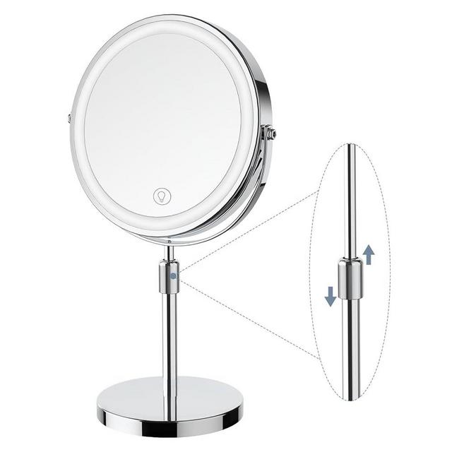 GioeDa Makeup Mirror with Lights, Height & Brightness Adjustable Lighted Makeup Mirror with 10x Magnification, 8" Rechargeable Double Sided Vanity Mirror with 3 Colors Lights