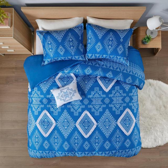Full/Queen Davina Printed Duvet Cover Set with Fringe Trim Blue