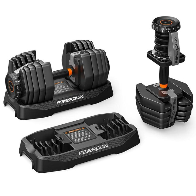 FEIERDUN Adjustable Dumbbell Set, 5-52.5lb Free Weight Dumbbells, 15 in 1, Quick Adjust Weight Set with Non-slip Handles and Tray, Dumbbells for Home Gym Exercise Strength Training, Unisex