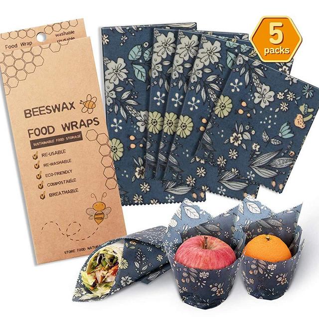 Beeswax Wrap Assorted 5 Packs, Eco Friendly Reusable Food Wraps, Biodegradable, Sustainable Plastic Free Food Storage- 1 Small, 3 Medium, 1 Large- Say Goodbye to Plastic
