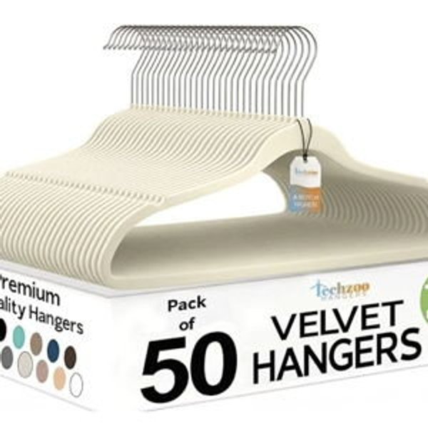 Techzoo 50 Pack New Premium Quality Velvet Hangers Ultra Thin Non Slip Adult Felt Space Saving Hangers for Closet Heavy Duty Coat Pants Jackets Dress Hangers 360° Swivel Hook Hold Upto 10 lbs Ivory