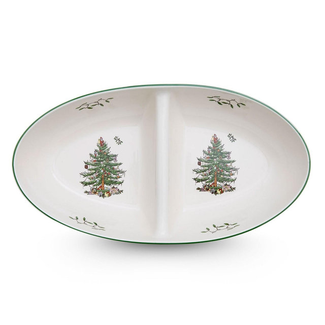Spode Christmas Tree Divided Server, 9-Inch Round Festive Serveware, Holiday Entertaining Platter - Fine Porcelain, Dishwasher & Microwave Safe