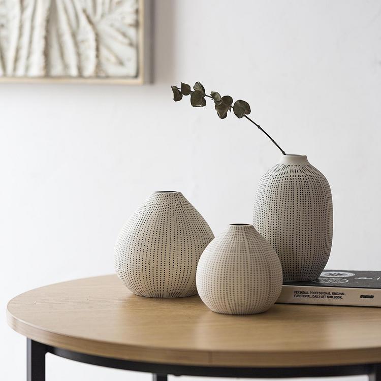  White Stoneware Vases with Textured Black Polka Dots