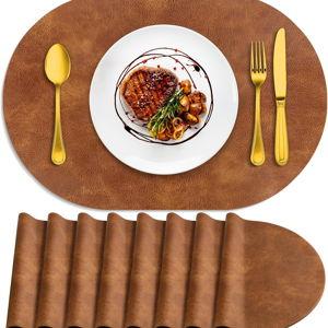 ADRIMER Placemats, Heat Resistant Oval Placemats Set of 8 Washable 12 x 17 Inch, Waterproof Table Mats, Wipeable Pu Place Mats for Kitchen, Dining Room, Turmeric Brown