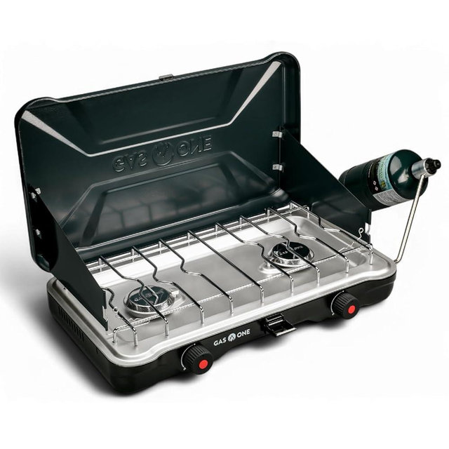 GasOne Portable Camping Stove – Double Propane Stove with Auto Twist Turn Ignition – 22,000 BTU Camping Cooktop with 2 Burners and Wind Guard – Ideal for Tailgating, Fishing, Travel