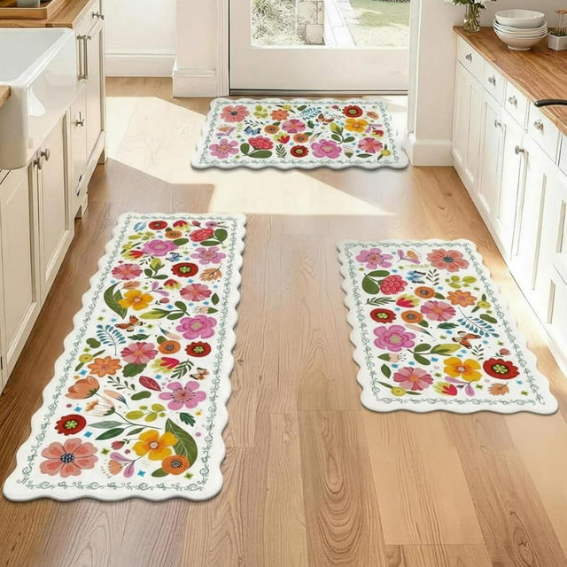 Tinideya Floral Kitchen Rug Set of 3 Boho Farmhouse Area Rugs Washable Door Mat for Entryway Kitchen Floor Bathroom Laundry Front Porch Decor 17"x47"+17"x29"(White)