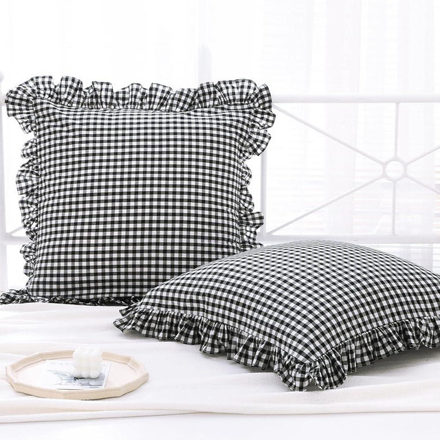 K MASANIJI 2 Pack Black and White Plaid Ruffle Euro Shams Pillow Covers 26x26 inches, Washed Cotton Gingham Decorative Pillowcases for Bed/Sofa (26x26 inches, Black/White Plaid)