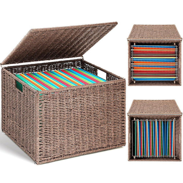 Extra Large Decorative File Box 18 x 16 x 13 in Wicker Seagrass File Basket Organizer for Letter & Legal Size Hand Woven Hanging Filing Cabinet with Lid for Home Office Decor Paper Rope,Dark Brown