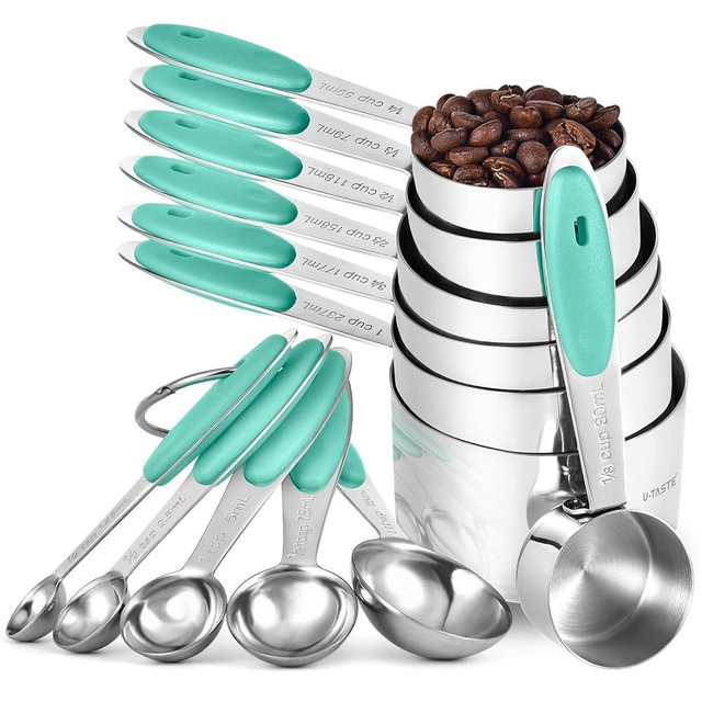 Measuring Cups and Spoons Set: U-Taste 18/8 Stainless Steel 12 Pieces Metal Stacking Kitchen Baking Cooking Food Measure Set 7 Cups 5 Spoons with Strengthened Weld Joints (Aqua Sky, Upgraded Version)