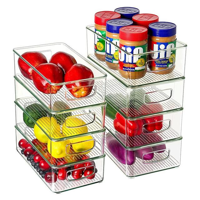 Set of 8 Refrigerator Organizer Bins (4 Large & 4 Medium Plastic Storage Bins), Stackable Clear Plastic Storage Bins for Pantry, Cabinets, Shelves, Drawer, Freezer - Food Safe, BPA Free